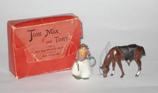 Tom Mix & Tony cowboy set by Don and Honey Ray with original box, rare adapted from prewar Britains cowboy, with added fur chaps. Estimate: $250-$350. Image courtesy of Old Toy Soldier Auctions.